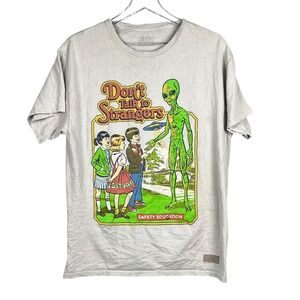 Alien Dont Talk to Strangers T-Shirt Mens Large Grey Retro UFO Steven Rhodes Tee